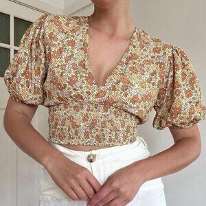 Faithfull The Brand Oma Orange and Yellow Floral Short Sleeve Crop Top Sz US 2
